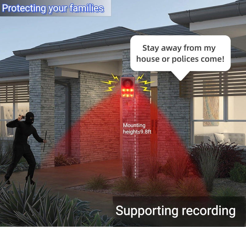 HULPPRE Solar Outdoor Motion Sensor Alarm-Dog Barking&Gunshot Sound,Support Recording&±Volume,130db Loud Noise Maker,3 Work Modes Strobe Light with USB,Say Goodbye to The Intruders Recording/volume± alarm
