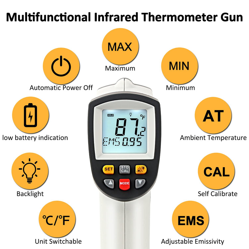 Laser infrared thermometer temperature gun for measuring high temperatures -50°C ~ 950℃, data storage, max/min measurement (not for humans) -50～950℃ gray