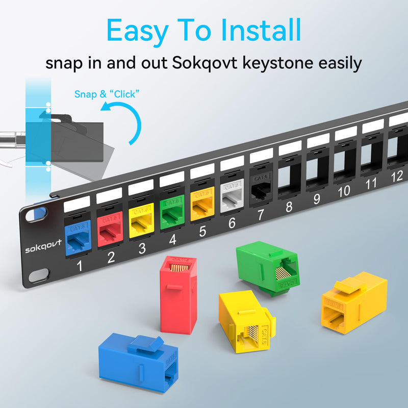 Sokqovt 24 Port Blank Keystone Patch Panel with Snap-in Design (2 Pack), Cat6 Network Patch Panel 1U 19 inch, Rack Mount Ethernet Patch Panel (for Slim Keystone Only) 2 Pack