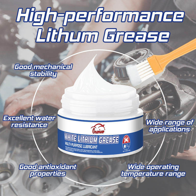 White Lithium Grease, 3.5oz, Multi-Purpose Lubricant Lithium Grease with Brush, Garage Door Hinge Lubricant for Metal-to-Metal Applications, Ideal for Automotive, Marine, and Industrial Use