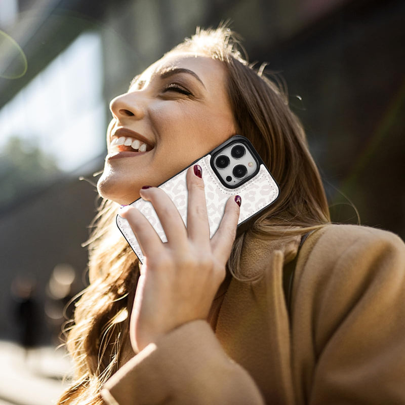 HAOPINSH for iPhone 15 Pro Max Case Wallet with Card Holder, White Leopard Cheetah Pattern Back Flip Folio PU Leather Kickstand Card Slots Case for Women Girls, Double Magnetic Clasp Cover 6.7"