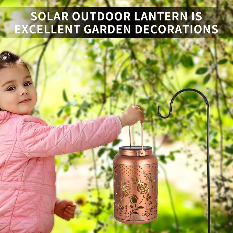2 Pack Solar Lanterns Outdoor Waterproof, Butterfly Rose Garden Decor Birthday Gifts for Women Mom Grandma Hanging Solar Lights Metal Solar Decoration Outside for Yard, Patio, Lawn 2