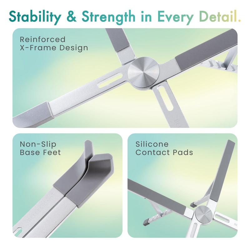 BELLEMOND | Adjustable Laptop Stand – Lightweight Aluminum Riser with 5 Height Levels | Foldable, Ventilated X-Frame Design | Designed in Japan | Fits Laptops & Tablets up to 17.3” | Space Silver