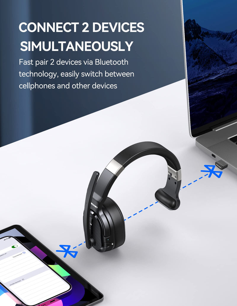 TECKNET Trucker Bluetooth Headset, AI Noise Canceling 70h Wireless Headphones Bluetooth with Microphone & Dongle, ENC Bluetooth Headset with Mute for PC Phone Laptop Office Home, All Day Comfort Simple Configuration