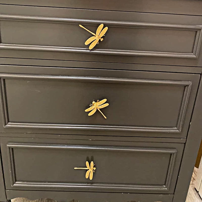 JUXYES Pack of 4 Brass Dragonfly Cabinet Knobs, Golden Tone Cupboard Door Knobs Decorative Dresser Drawer Handle Knobs for Dresser Drawer Cabinet Closet
