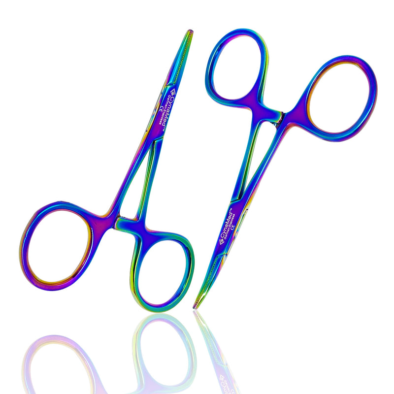 Cynamed Mosquito Hemostatic Forceps with Multicolor/Rainbow Titanium Coating - Premium Quality - Hemostat Clamping Pliers with Serrated Jaws - 3.5 in. (Curved) Curved