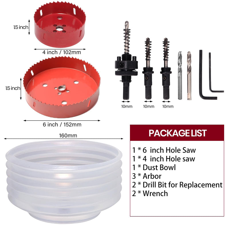 6 inch & 4 inch Hole Saw Set for Recessed Light,Handy Hole Saw Kit with Dust Bowl,Easy to Clean(6 inch & 4 inch),red 4 inch & 6 inch(With Dust Bowl)