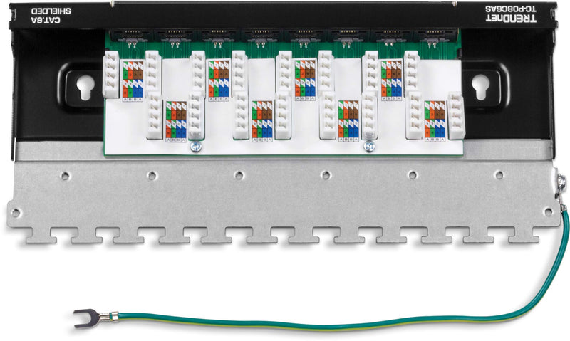 TRENDnet 8-Port Cat6A Shielded Patch Panel, Wall Mount Ready, 10G Ready, Cat5e,Cat6,Cat6A Compatible, Metal Housing, Color-Coded Labeling for T568A & T568B Wiring, Cable Management, Black, TC-P08C6AS 8 Port