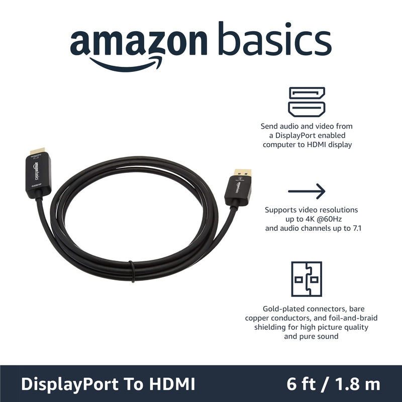 Amazon Basics DisplayPort to HDMI Cable, Uni-Directional, 1080p, 1920x1200, 4K@60Hz, Works with DisplayPort Enabled Desktops and Laptops, Connect to HDMI Displays, 6 ft, Gold-Plated Plug, Black Negro 6 Feet (Pack of 2)