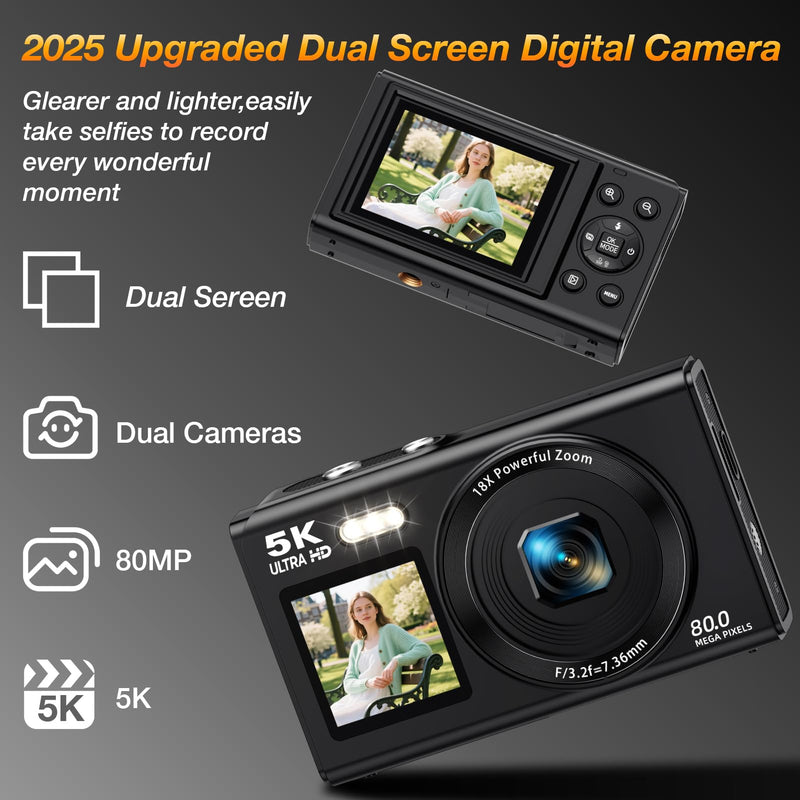 Dual Screen 5K Digital Camera for Vlogging, 80MP WiFi Camera with Front Display, 18X Zoom, Fill Light, Includes 64GB Card & 2 Batteries S150PRO
