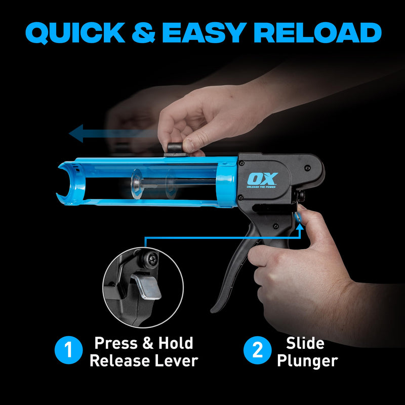 OX Pro Compact Caulk Gun - 10 oz Rodless Manual Caulking Gun Tool - 7:1 Thrust Ratio Designed for Tight Spaces, Includes Belt Clip - Pistola De Silicona 10 oz - Rodless
