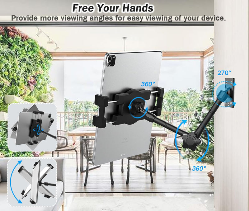 Adjustable Wall Tablet Holder, Tablet Swivel Arm Wall Mount, Drill Base Metal iPad Stand for Kitchen/Bed Room/Counter for 4-12.9" Tablets & Phones, iPad Pro Air Mini, Galaxy Tab, Switch, iPhone Level 2 Long Arm