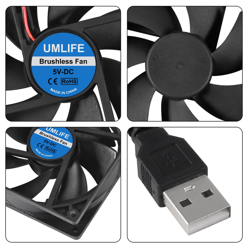 UMLIFE 2 Pack 92mm USB Fan for DIY Cooling Ventilation - 92mm x 92mm x 25mm - 5V DC 0.12A 2000 RPM 43.4CFM 27.3dBA Sleeve Bearing 35000h Life 92mm x 25mm NO Fan grill