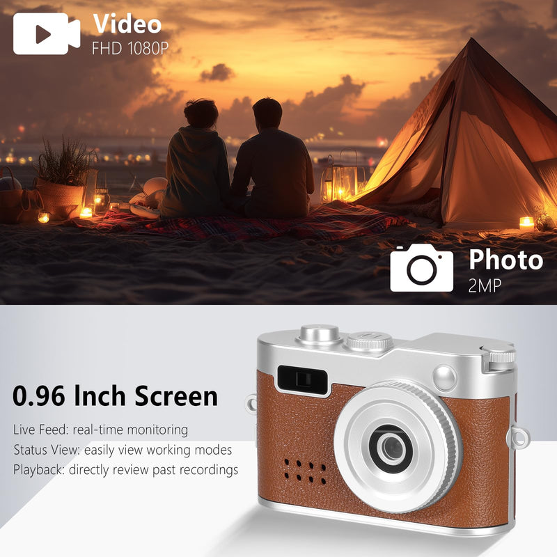 Mini Keychain Camera, FHD 1080p 8MP Mini Digital Camera with 32GB SD Card, 0.96" HD Display, 100 Mins Battery Life Small Camera for Travel Study Recording (Brown, 16GB) Brown