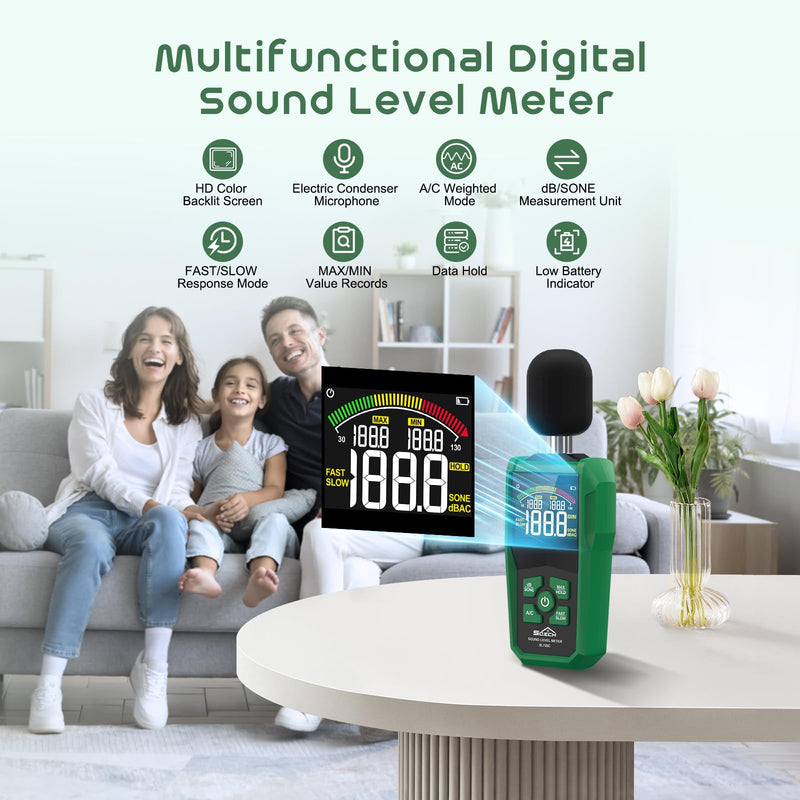 SQECH Decibel Meter dB Meter Sound Level Meter Range 30-130dB | Volume meter with colored background display screen A/C rating dB/SONE units fast/slow response