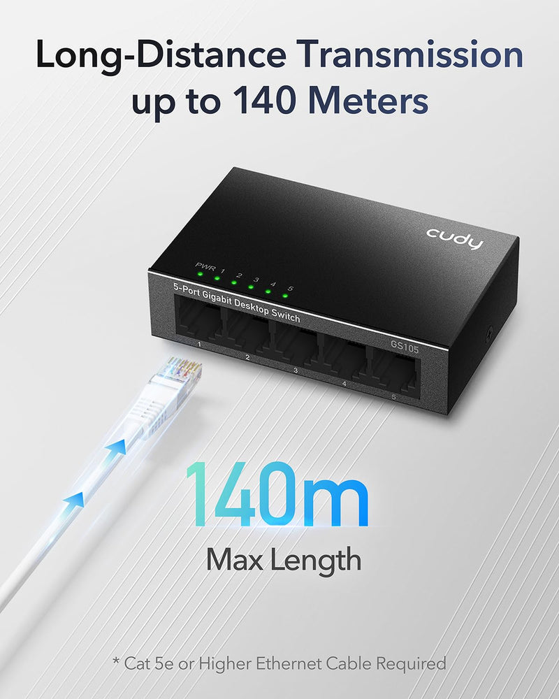 Cudy GS105 5-Port Gigabit Unmanaged Ethernet Switch, Network Hub, Ethernet Splitter, Plug & Play, Fanless Metal Design, Traffic Optimization