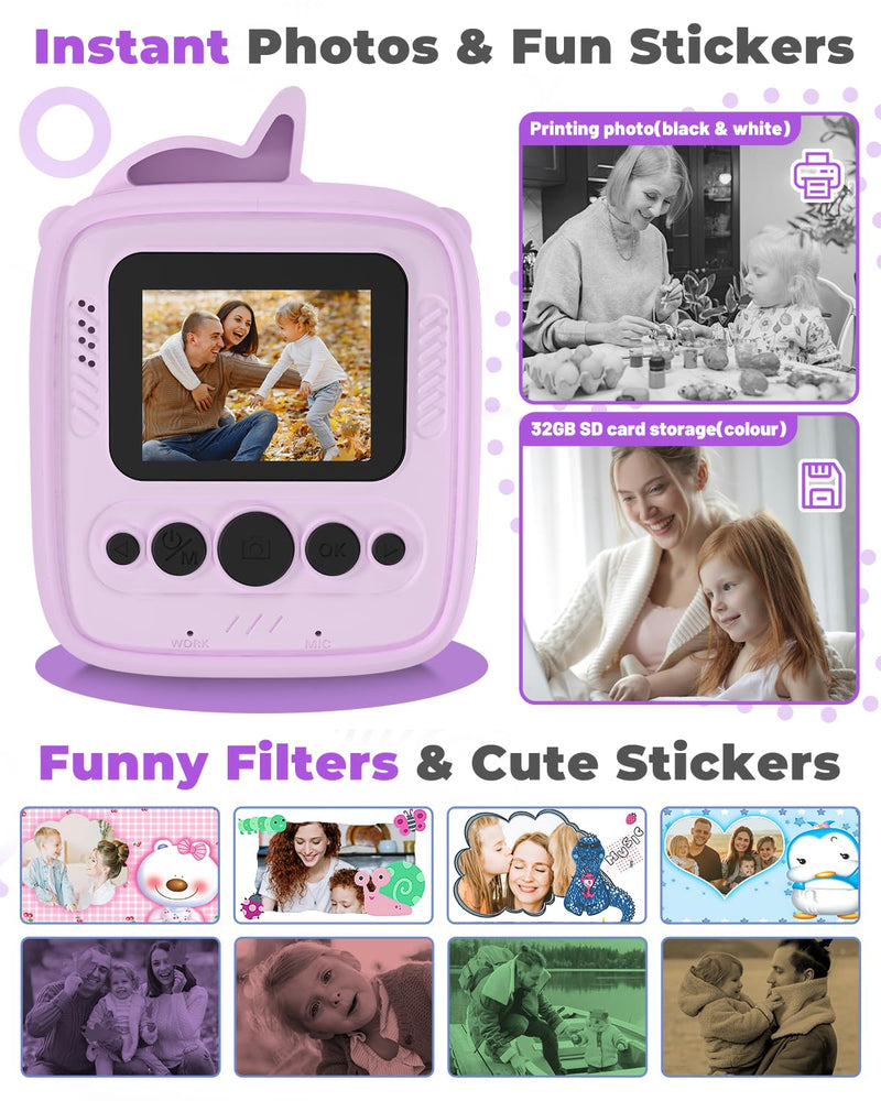 Instant Print Camera for Kids 3-12 Years, Thermal Print Kids Camera Toy is a Surprise Gift for Girls & Boys with 32G SD Card, 48 MP Photo, 1080P Video, 3 Rolls of Photo Paper (Purple) Purple