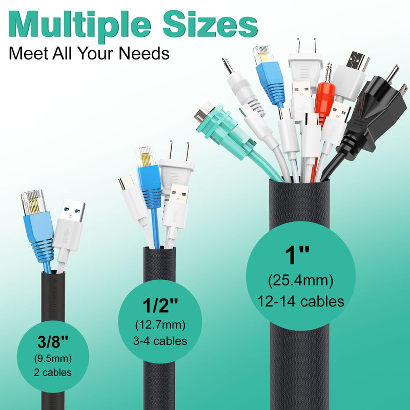 Dog Cat Cord Protector 10ft - 1/2inch, Flexible Cable Sleeve for Easy Cord Management, Protects Cables from Pets Chewing, Ideal for USB, Power, Audio and Video Cords - Black 1/2"-10ft