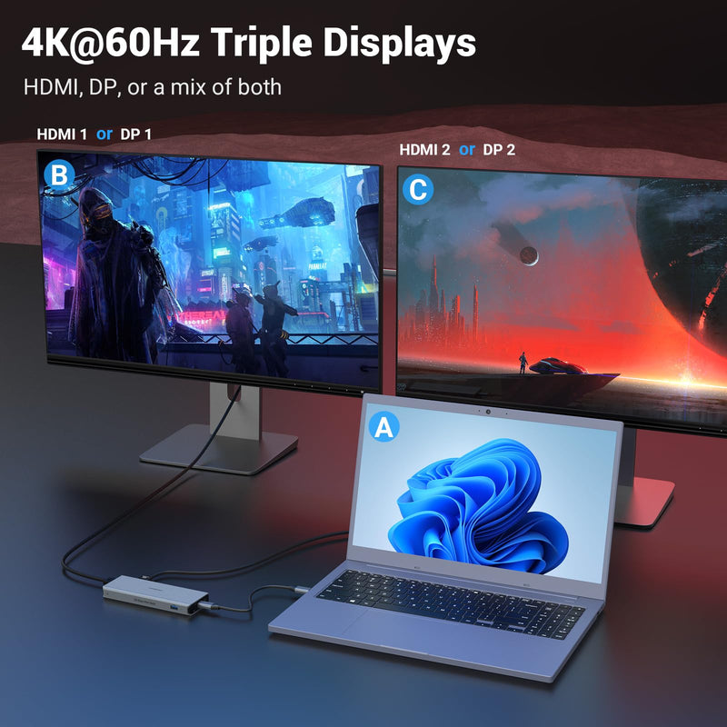11 in 1 Laptop Docking Station, USB C HUB Dual 4K@60Hz Video Outputs Dual Monitor,(3 USB 3.1 10 Gb/s, 2 HDMI, 2 DP, 100W PD, Gigabit Ethernet & Audio) for Windows and M1 Macs