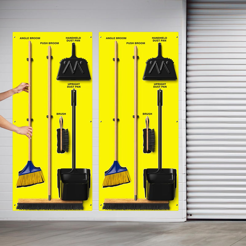Clean & Sweep 5S Shadow Board/Wall Mount Broom Holder, 68" x 30" Board, 5S Cleaning Station - with Broom and Dustpan Set Included, Made in The USA by AccuformNMC, Yellow/Black, PSB616YLBK Max-Duty Aluminum