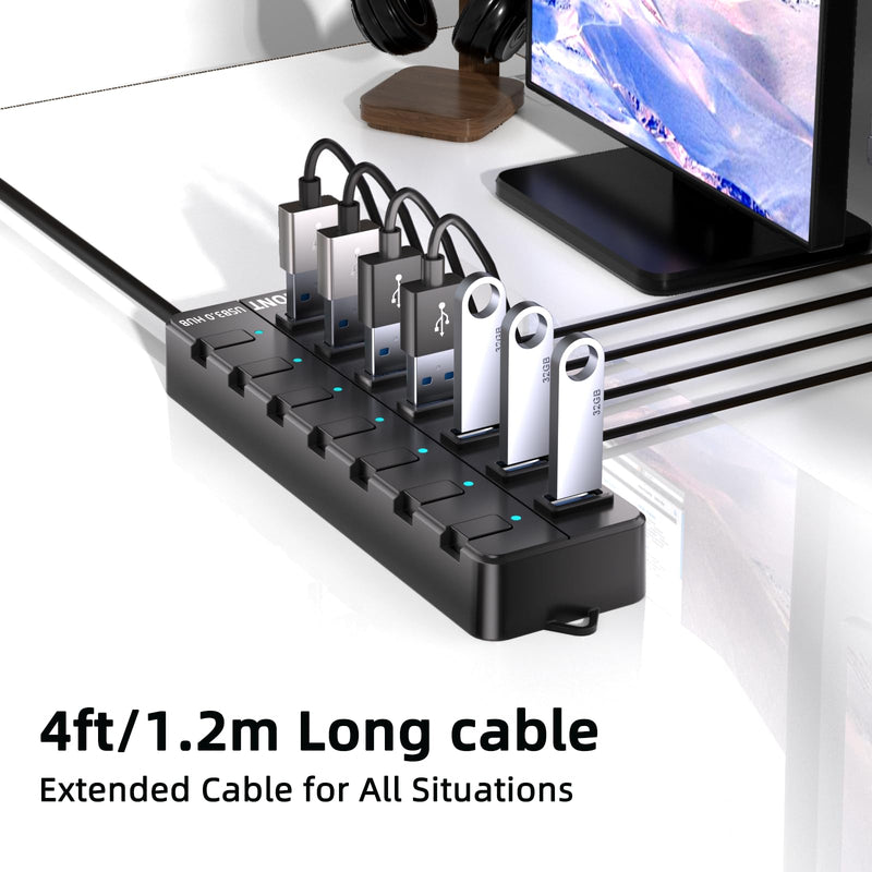 VEMONT 7-Port USB 3.0 Hub (Equipped with a 4-Foot Data Cable, Individual Switch, and Indicator Light, it Supports Data Transfer speeds of up to 5Gbps) Suitable for Desktop Computers and laptops.