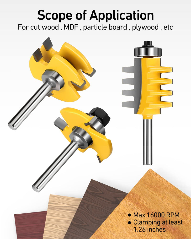 Finger Joint & Tongue and Groove Router Bits Set, 1/4 Inch Shank, 3 Pack | Precision Wood Joinery; Clean Cutting Performance; Reversible Profile Design; Multi-Material Compatibility 1/4" Shank 1/4" Shank Router Bit Set 3PCS