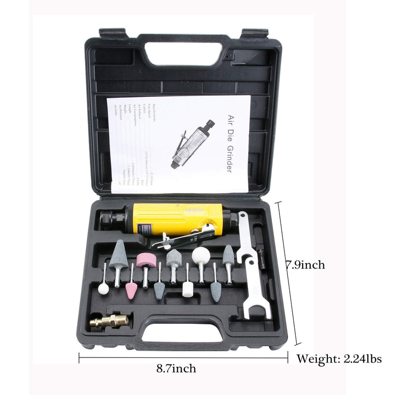 Air Die Grinder with 1/4"(6MM) and 1/8"(3MM) Collets, Pneumatic Die Grinder Kit, 22000 RPM Straight Grinder