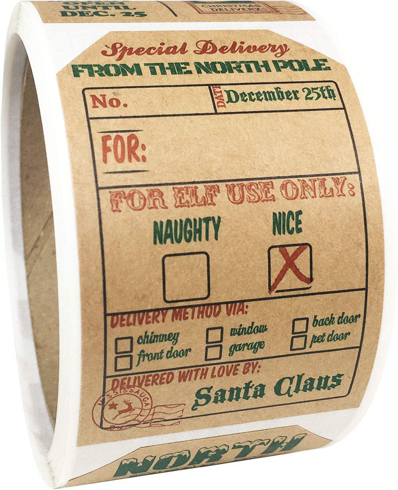 Natural Kraft from Santa Claus Stickers – 2 x 3 Inch Vintage Christmas Gift Tags, Set of 25 Labels – Eco-Friendly Holiday Wrapping, Made in The USA