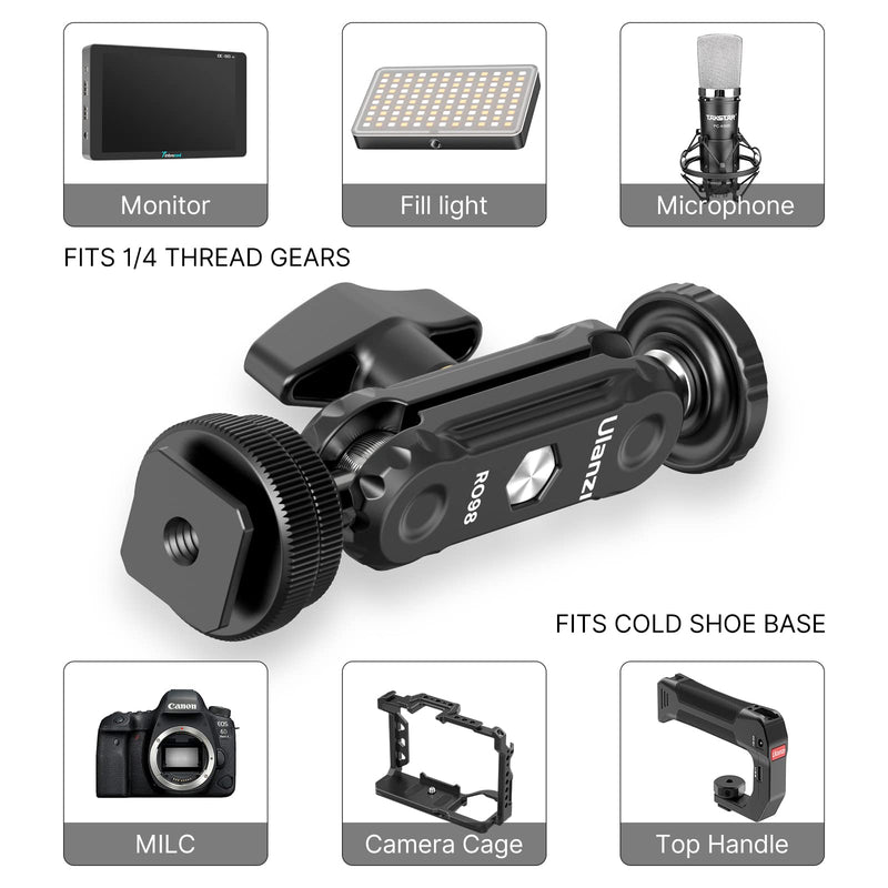 R098 Cold Shoe Monitor Mount, 1/4" Rotatable Dual Ballhead Hot Shoe Mount Microphone Fill Light Camera Monitor Swivel Bracket Compatible with DJI OSMO 360/Pocket 3/Insta 360 x 5/Sony/Canon/Nikon /Fuji R098