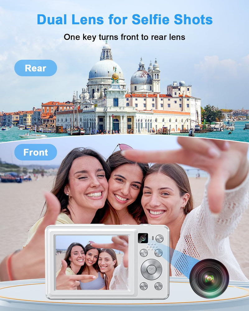 Digital Camera, 4K 64MP Cameras for Photography, Point and Shoot Digital Camera with Auto Focus, Dual Camera, Flash, 16X Zoom, Anti Shake, 32GB Card, Compact Vlogging Camera for Teens, Adults White