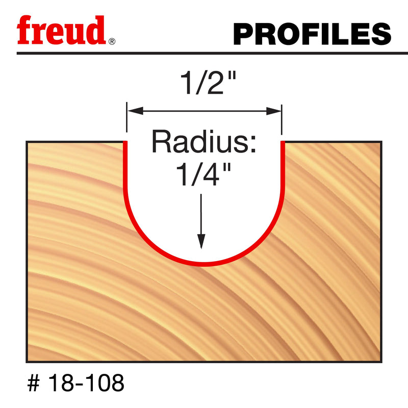 Freud 18-108: 1/4" Radius Round Nose Bit | With Premier Solid Carbide for Fluted Millwork, Signs and Decorative Veining - 18-108