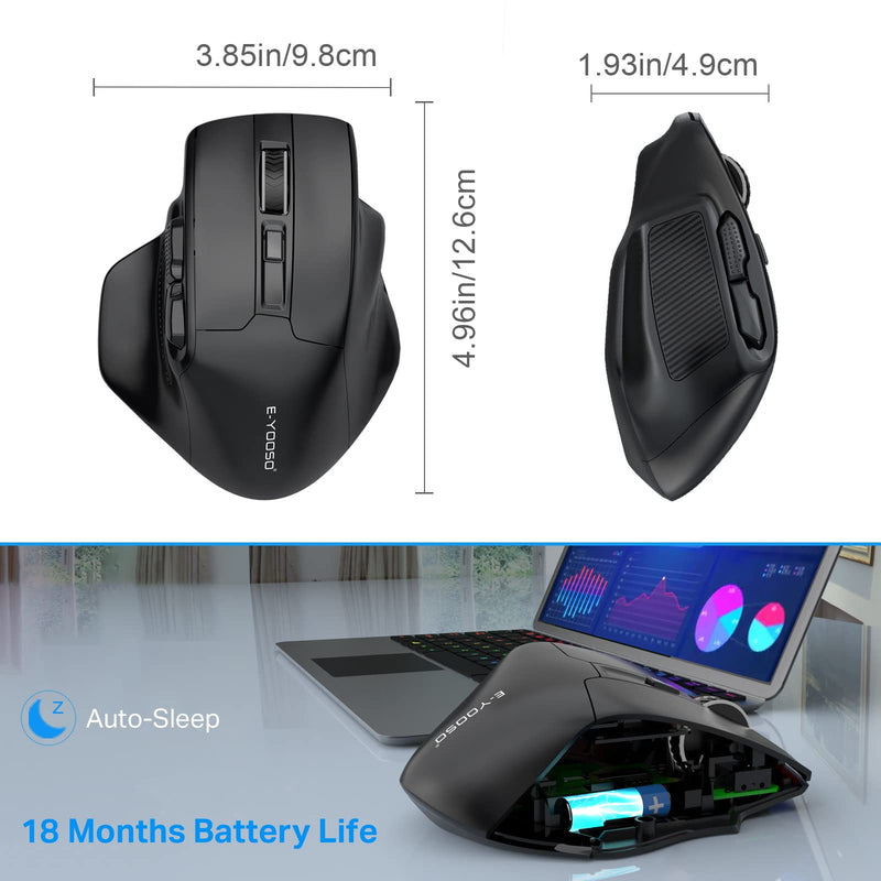 E-YOOSO Large Wireless Mouse, X-31 Large Mouse for Big Hands, 5-Level 4800 DPI, 6 Button Big Ergo Computer Mouse, 18 Months Battery Life Cordless Mouse for Laptop, Mac, Chromebook, PC, Windows(Black) Black