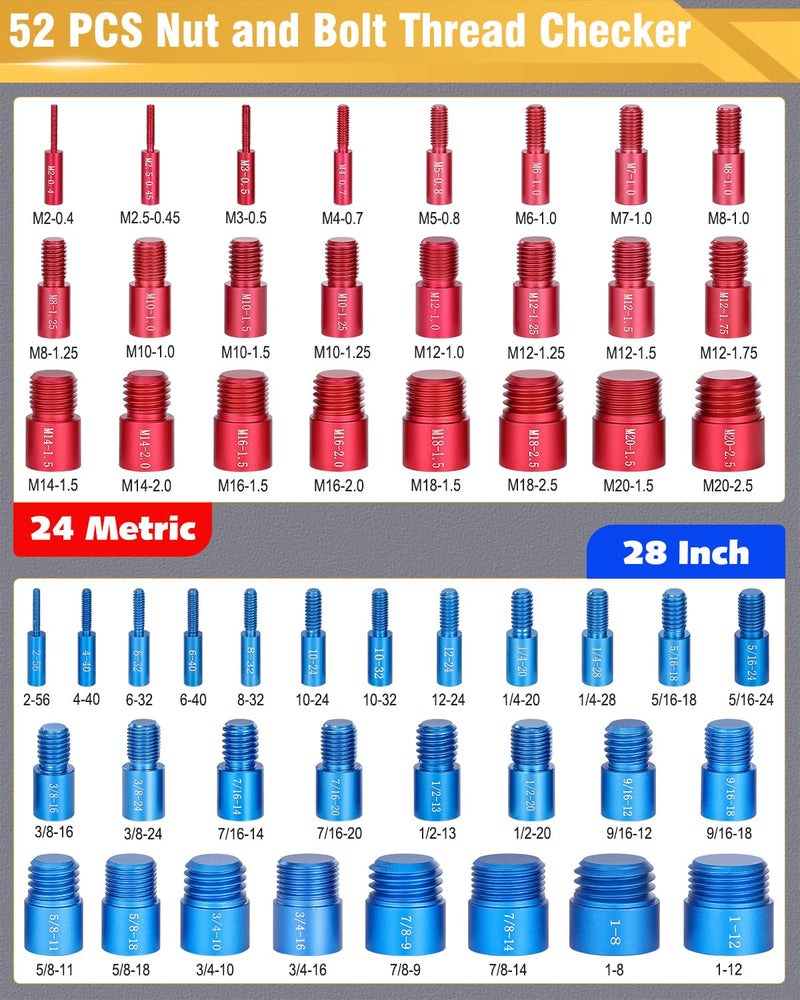 Thread Checker, 52pcs Nut and Bolt Thread Checker, 28 Inch & 24 Metric Box Set Thread Gauge, Bolt Size Finder for Size Check on Tricky and Narrow Area 52 pcs