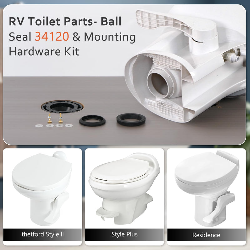 RV Toilet Seal Kit for Replacement Thetfords RV Toilet Parts- Ball Seal 34120 & Mounting Hardware Kit, Compatible with Aqua Magic Style Plus, Style II and Residence 2-in-1 Set