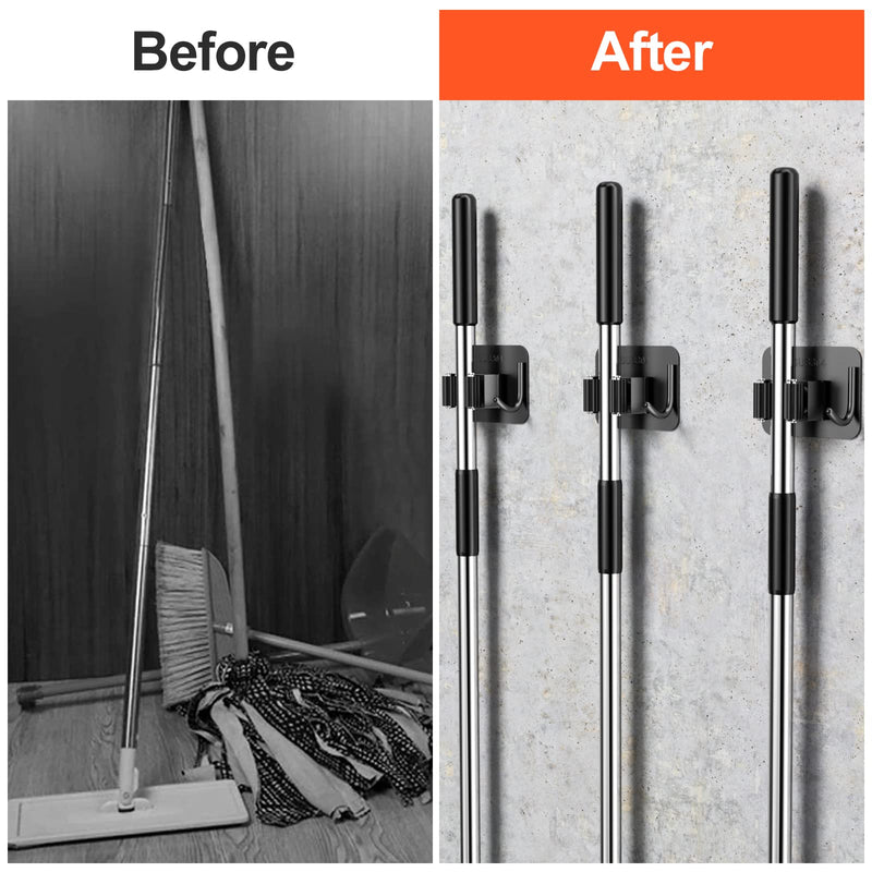 Relota Pack of 6 broom holders wall self-adhesive, device holder wall mount 304 stainless steel, hook broom holder without drilling, mop holder, garden tool holder for kitchen, cupboards, garage, garden (black).