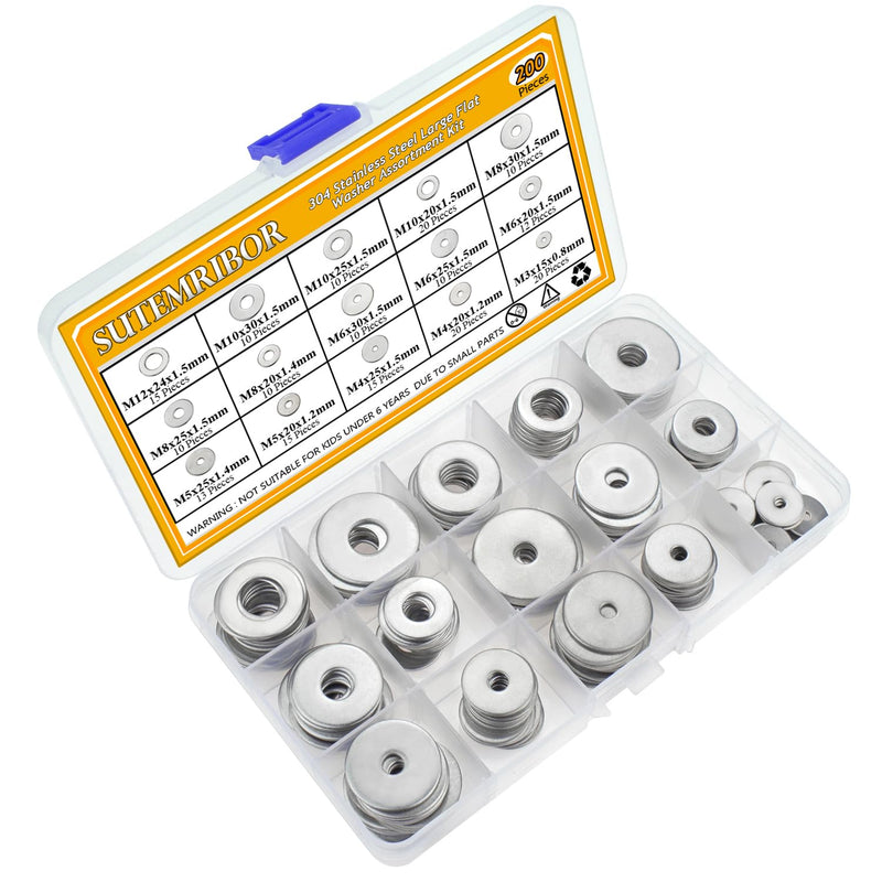 304 Stainless Steel Large Fender Washer Assortment Kit 200 Pieces, 15 Sizes - M3 M4 M5 M6 M8 M10 M12
