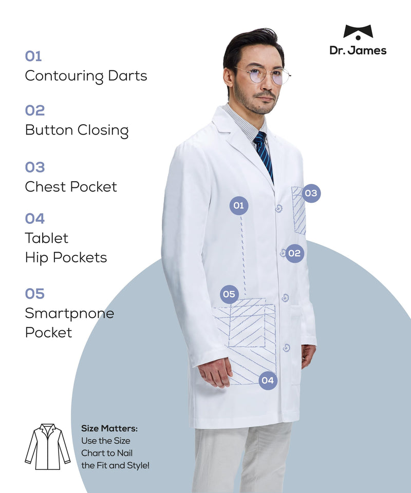 Dr. James Men’s Lab Coat – White Medical Coat, Tailored Fit, Button Closure, Phone & Tablet Pockets, 38” Length, OEKO-TEX® Large