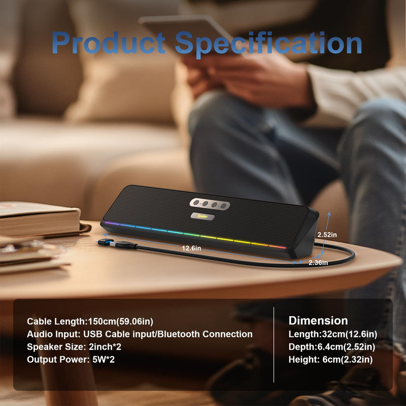 Desktop Computer Speakers for Laptop Tablet, Wired USB Mini Sound Bar Speaker with Stereo Sound, Vibrating Diaphragms, Flowing LED, Plug-n-Play PC Speakers Computer Sound Bar, Bluetooth & USB Input