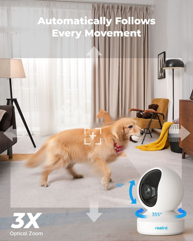 REOLINK E1 Zoom Indoor Security Camera, 2.4/5GHz Dual Band WiFi, 5MP Plug-in Pet Camera, 360 Degree Baby/Dog Monitor with 3X Optical Zoom, Auto Tracking, Person/Pet Detection,5V/2A DC White
