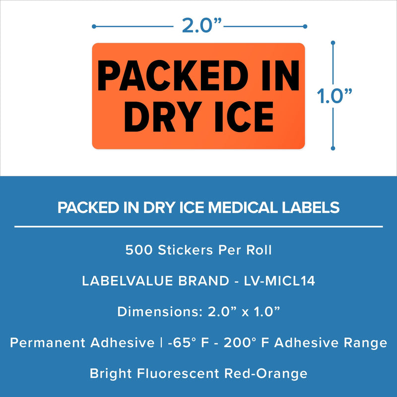 Packed in Dry ICE, Medical Labels, Chart Labels, Bright Fluorescent Red-Orange Labels, 2" x 1", 500 Labels/Roll, 1 Roll |LabelValue (LV-MICL14)