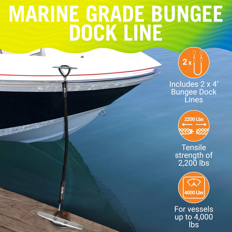2-Pack Black Bungee Dock Lines, Marine Grade Boat Rope, Jet Ski or PWC Mooring Ties, Boating Accessories for Boats 2 Hoop Ends, 0 Clip Ends