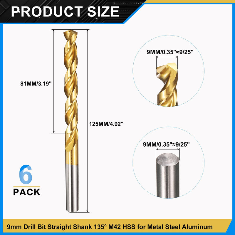 PATIKIL 9mm Drill Bit, M42 8% Cobalt High-Speed Steel Jobber Straight Shank 135° Titanium Nitride (TiN) Coated for Hard Metal Stainless Steel - 6 Pack