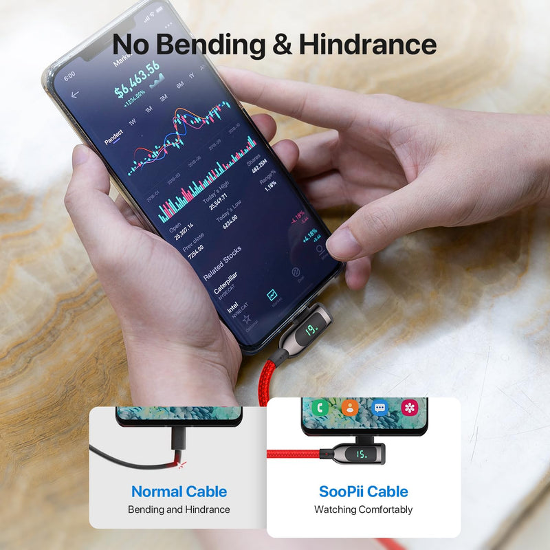 SOOPII 100W Right Angle USB C to USB C Cable,2Pack 10FT Zinc Alloy Case Nylon Braided Type-C Cable with LED Display for iPhone 17/16,lPad Air/Pro,MacBook Pro,Samsung S23/S22/S10,Pixel,LG,Red 2-Pack 10 ft Red