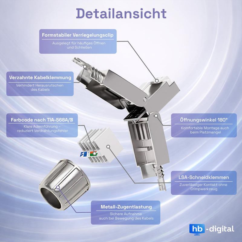 HB-DIGITAL 4x CAT 7 RJ45 Connector Network Connector | for rigid LAN cables, Ethernet installation cables, tool-free LSA, 10 Gbit/s, AWG 22-24 fully shielded STP, 50μ gold-plated contacts, 4 pcs. CAT. 7 US