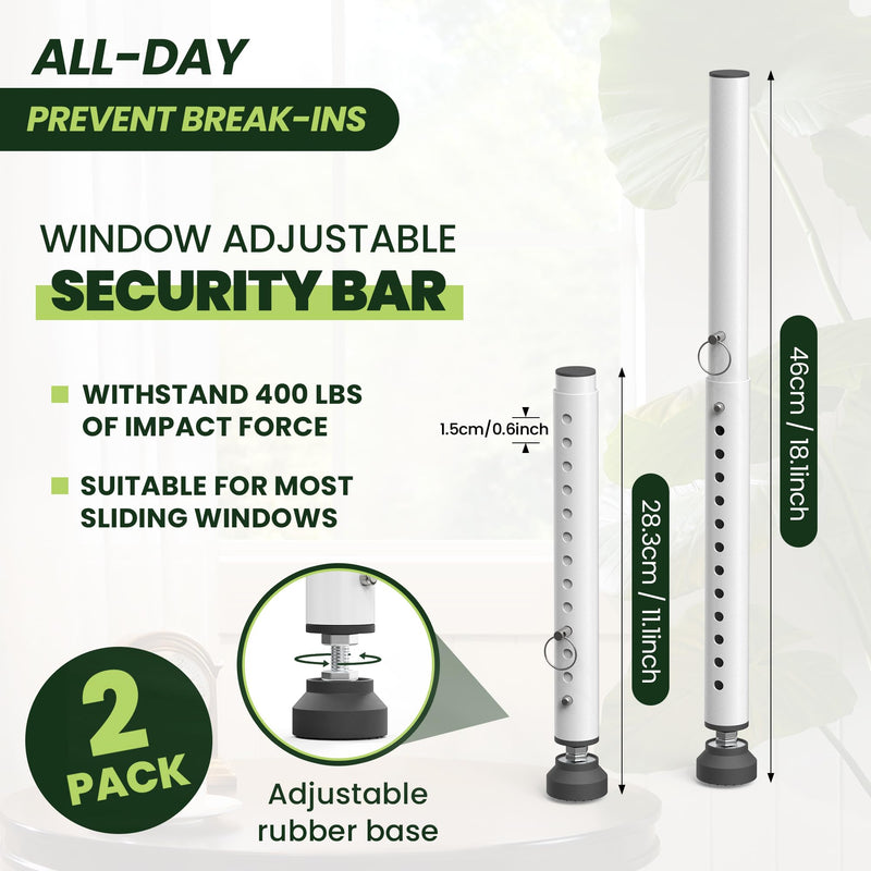 2 Pack Small Window Security Bars Adjustable 11"-18", Short Sliding Window Lock Bar for Small Windows, Child Safety & Anti-Theft Window Bar with Rubber Base for Bathroom & Basement Windows - White White - 2 Pack