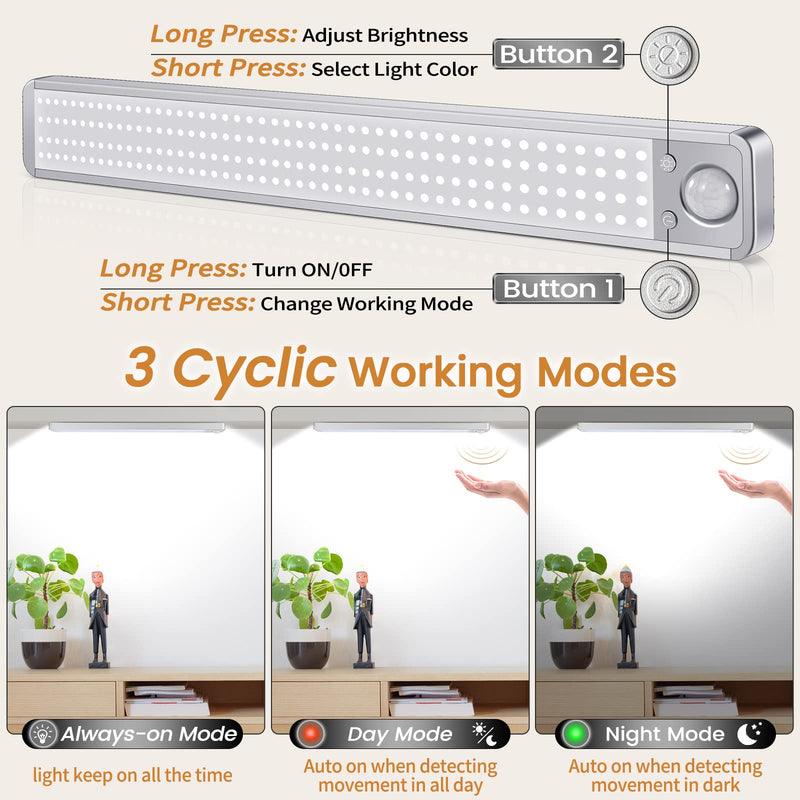 Under Cabinet Lights Rechargeable Under Counter Lights for Kitchen, 188 LED Closet Light Motion Sensor Light Indoor, Dimmable Magnetic Under Cabinet Lighting, 2-Pack Silver(2-Pack) 13.58 Inch