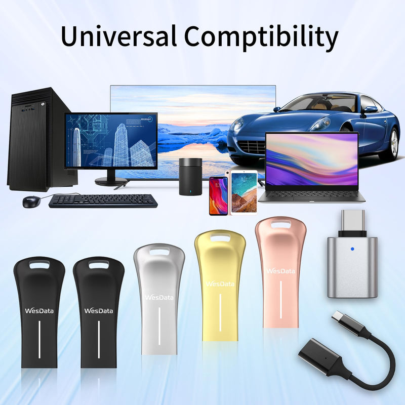 5-Pack 64GB Small USB Flash Drives with 2 USB C Adapters in Portable Carrying Case, Zinc Alloy Metal Shell, 4 Colors, Thumb Drive, Memory Stick, Pen Drive for PC/Mac/Phone/Laptop/Car