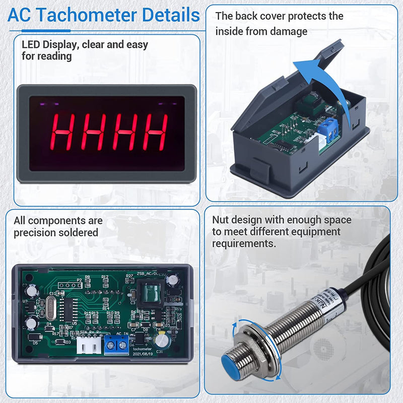 DONGKER Digital LED Tachometer, AC 230V 110V Digital RPM Motor Tachometer with Hall Proximity Switch Sensor NPN Tachometer