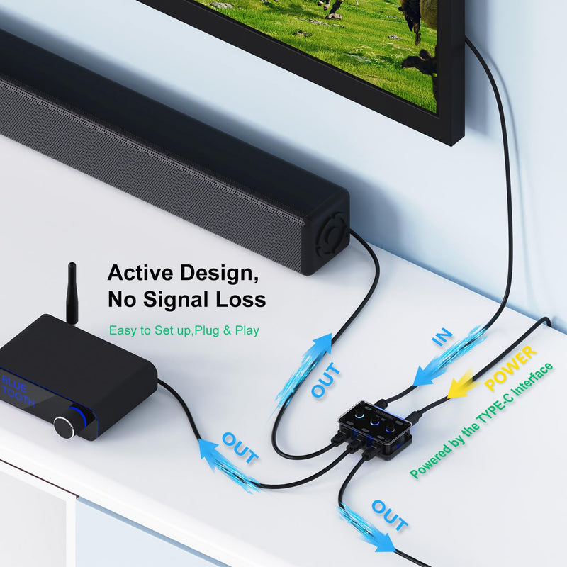 Digital Optical Audio Splitter 1 in 3 Out SPDIF Toslink Optical Splitter with Independent Channel Switch, Support Up to 192k/24Bit Compatible with LPCM2.0/DTS/Dolby-AC3 5.1 Channels