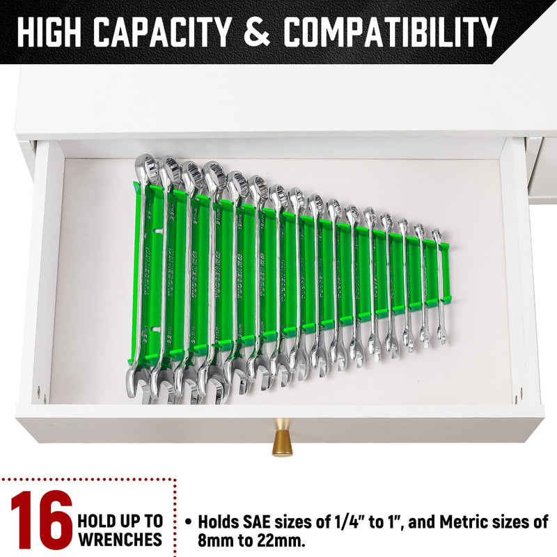 ALOANES 96-Slot ABS Plastic Wrench Organizer, Standard Hanging Wrench Organizer for Tool Box and Wall, Fit SAE & Metric Wrench Storage, 6 Pack Lightweight Wrench Holder(Green) Green 12.5" x 7.4" x 1.2"